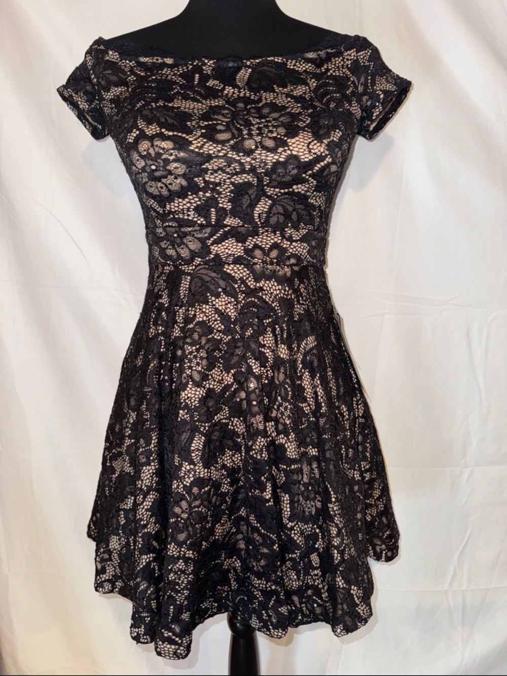 B Darlin Womens Fit + Flare Short Dress Black Lace Sequined Off Shoulder Mini